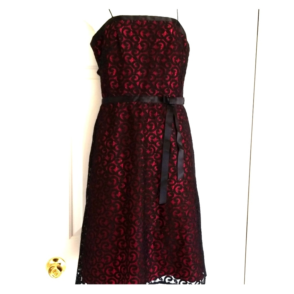 De Laru Red satin black lace overlay by Sheila Yen